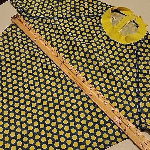 L JCREW RASHGUARD SWIM TOP BACK ZIP SUP NEON YELLOW BLUE DOT SURF SHIRT LARGE - Picture 4 of 7